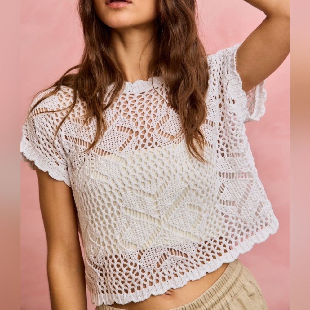 SO ME Crochet Scallop Edge Short Sleeves Open Knit White Top Sz M L XL - Picture 8 of 11